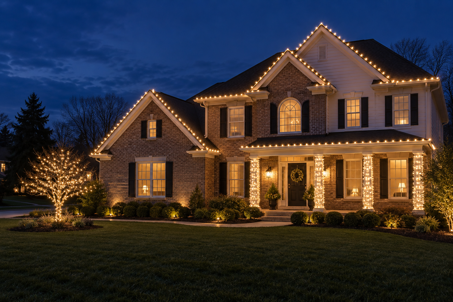 Warm white holiday lights outlining a two-story brick home and front-yard tree at dusk
