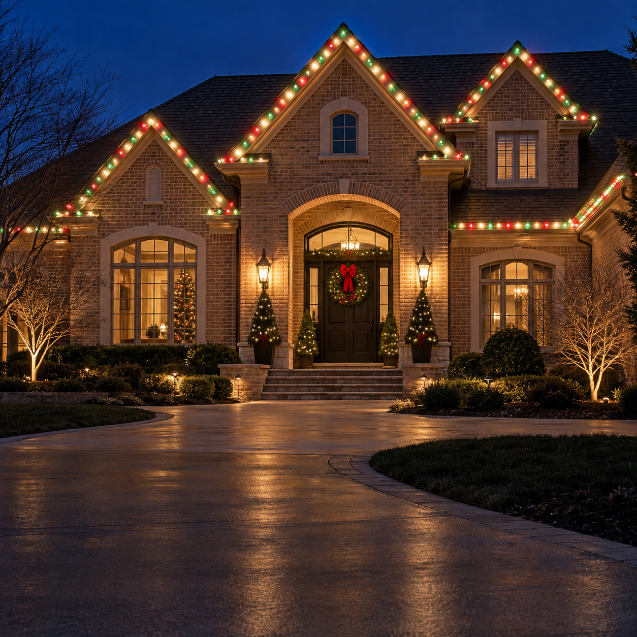 A home outlined with warm white, red and green Christmas lights at night
