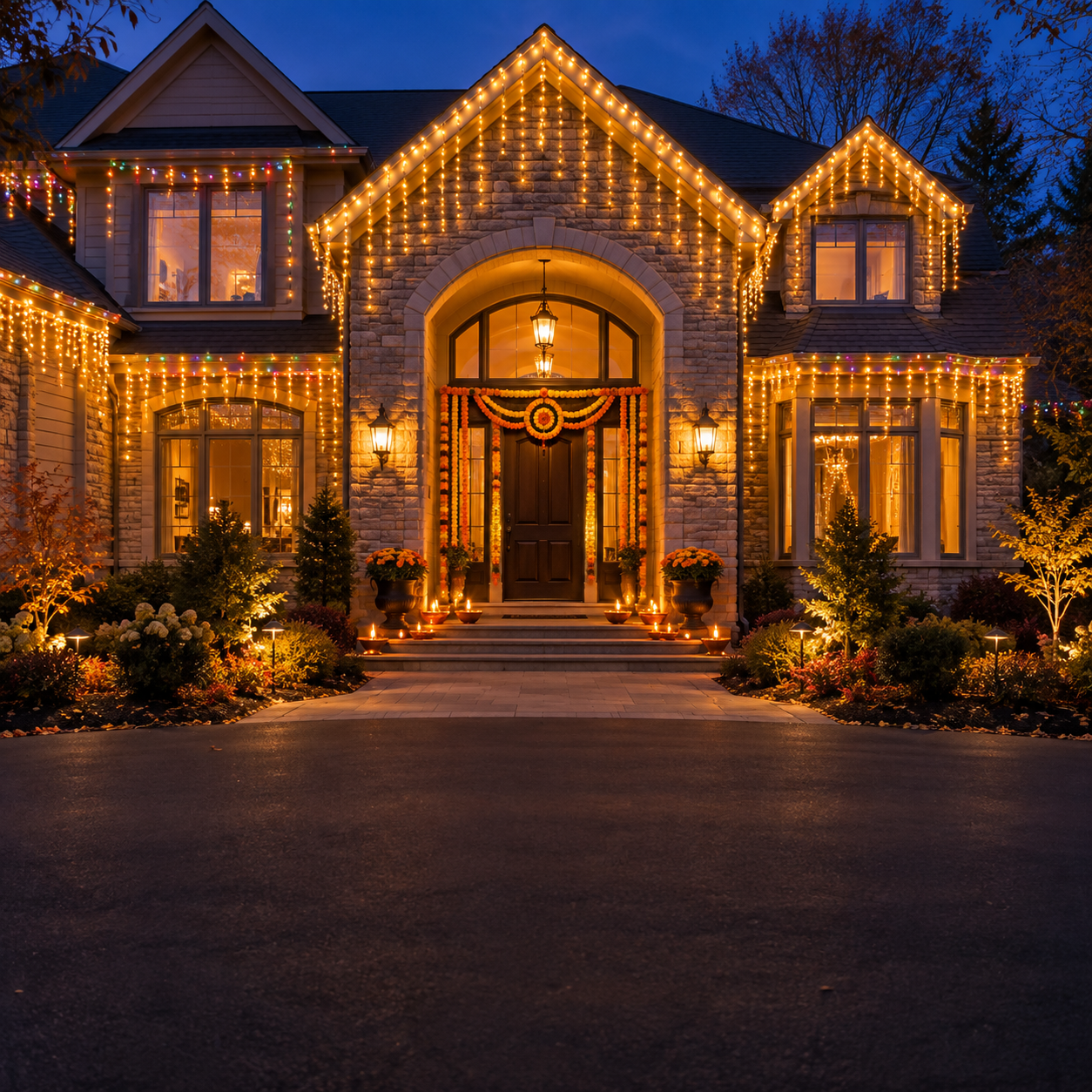 Warm golden lights covering a home’s facade and entrance at night for Diwali