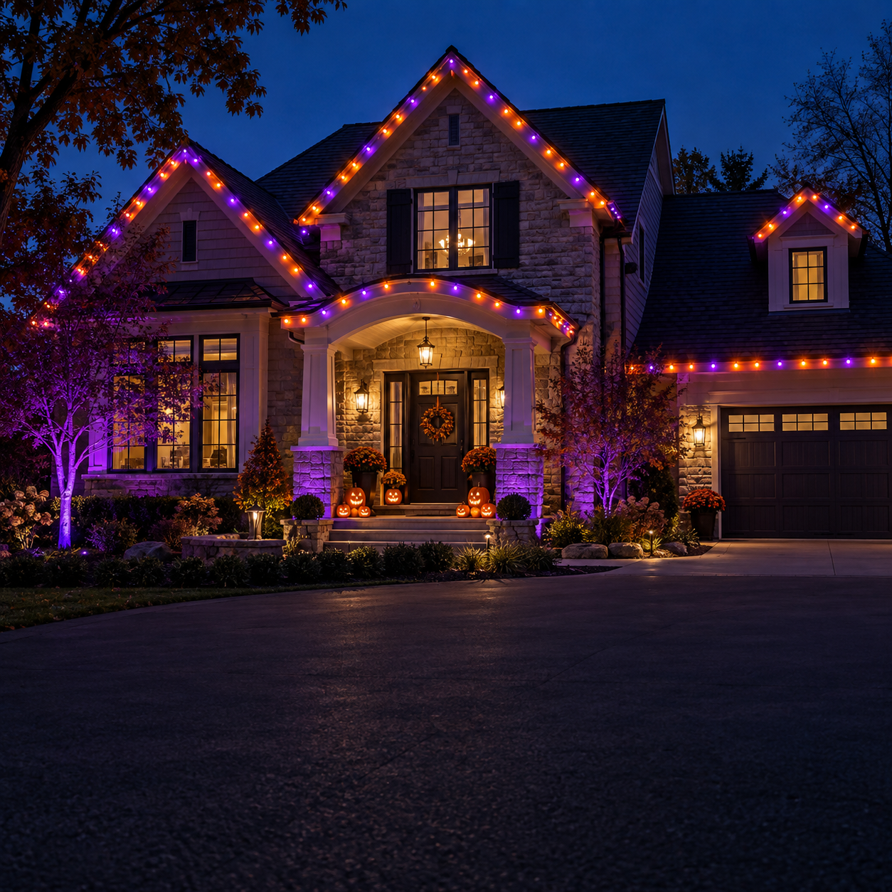 Orange and purple lights outlining a home’s roofline and entrance for Halloween