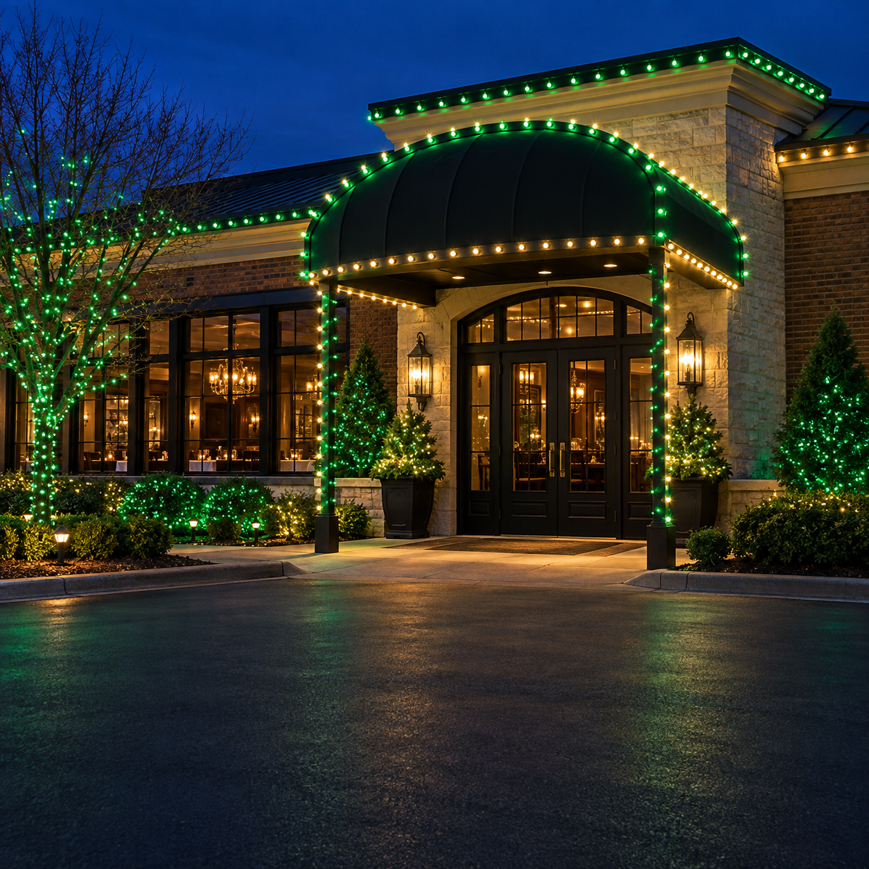 Green lights outlining a home’s roofline and arched entrance at night