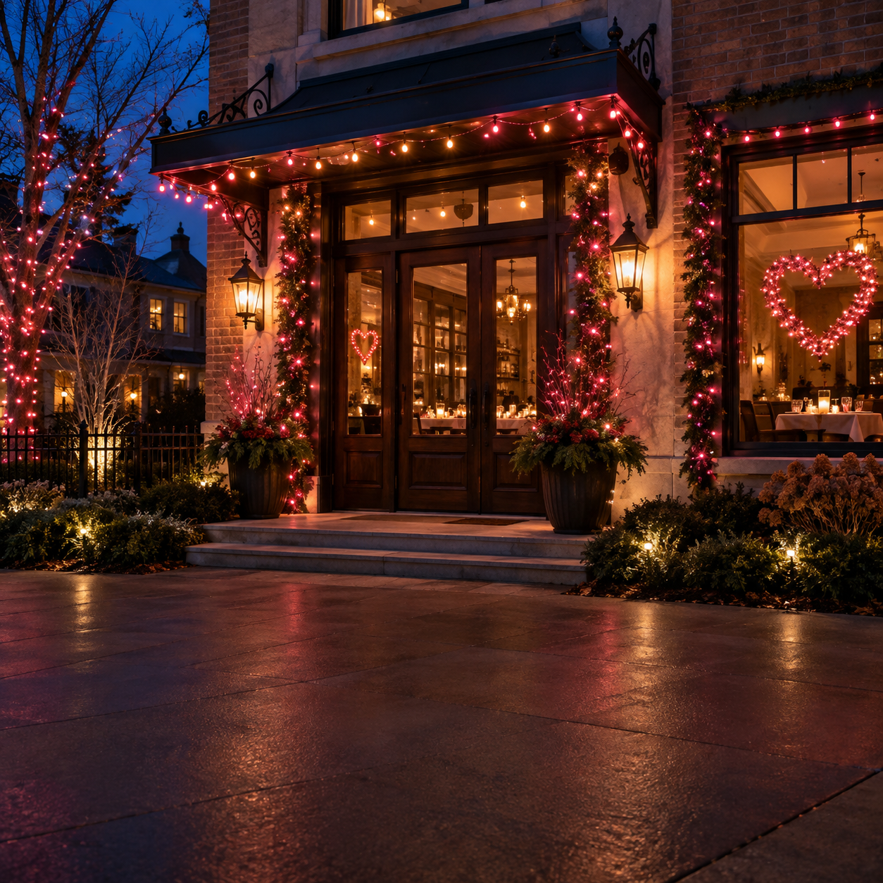 Red and pink lights outlining a porch and entrance at night